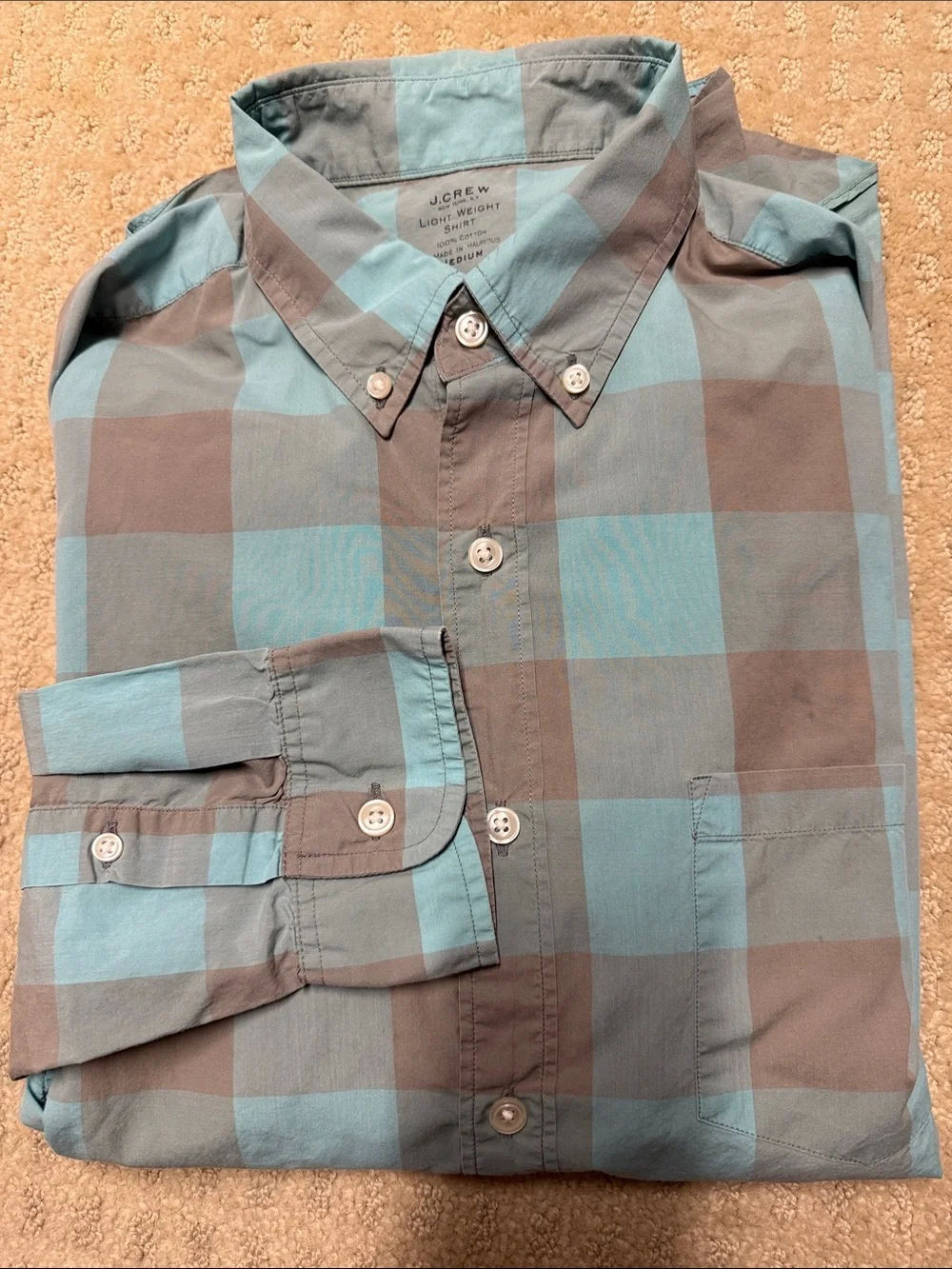 J. Crew Men's Aqua and Gray Large-Check Button-Down Shirt